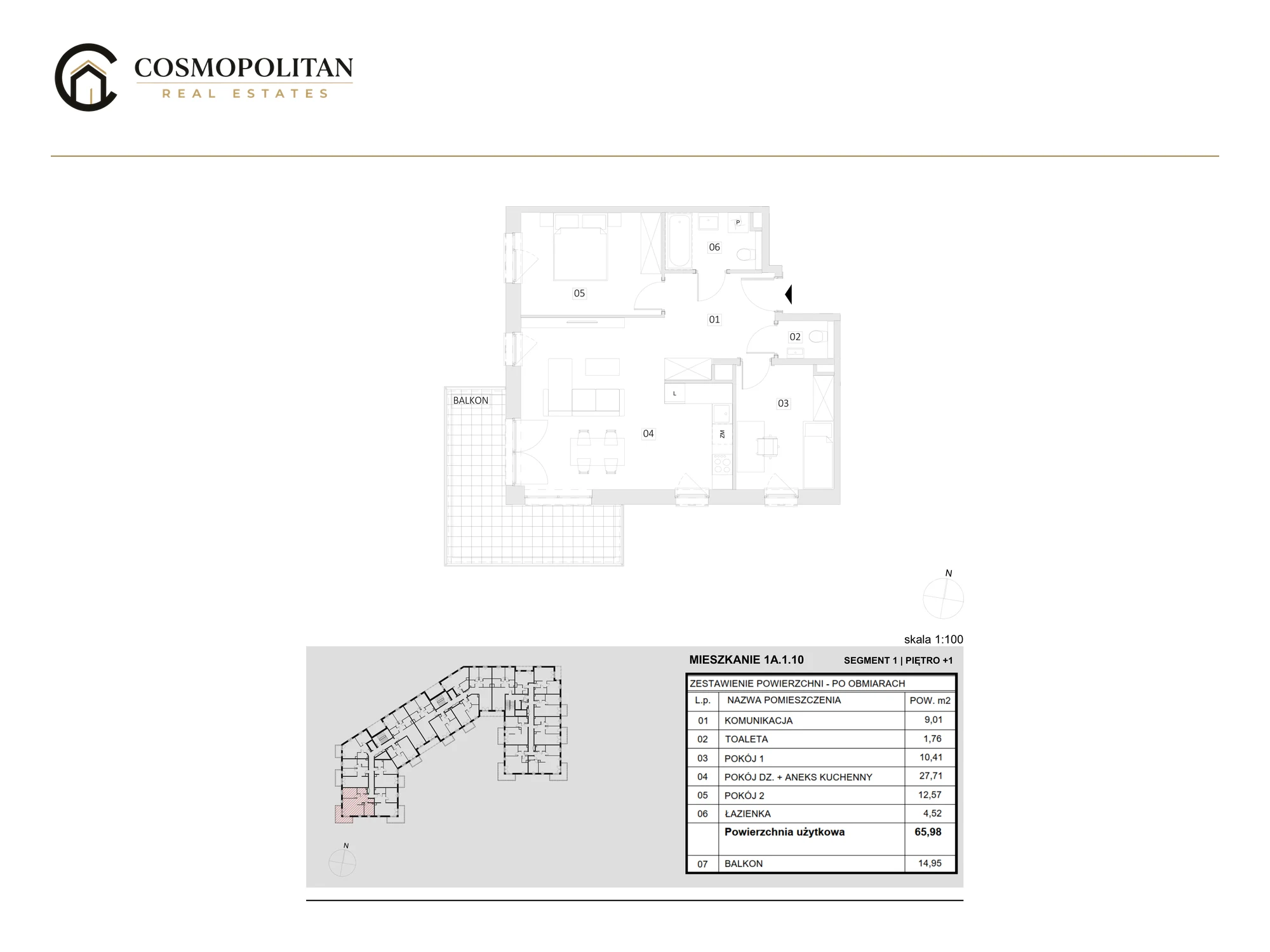 Przykładowy rzut mieszkania 3-pokojowego z balkonem, 65,98 m²