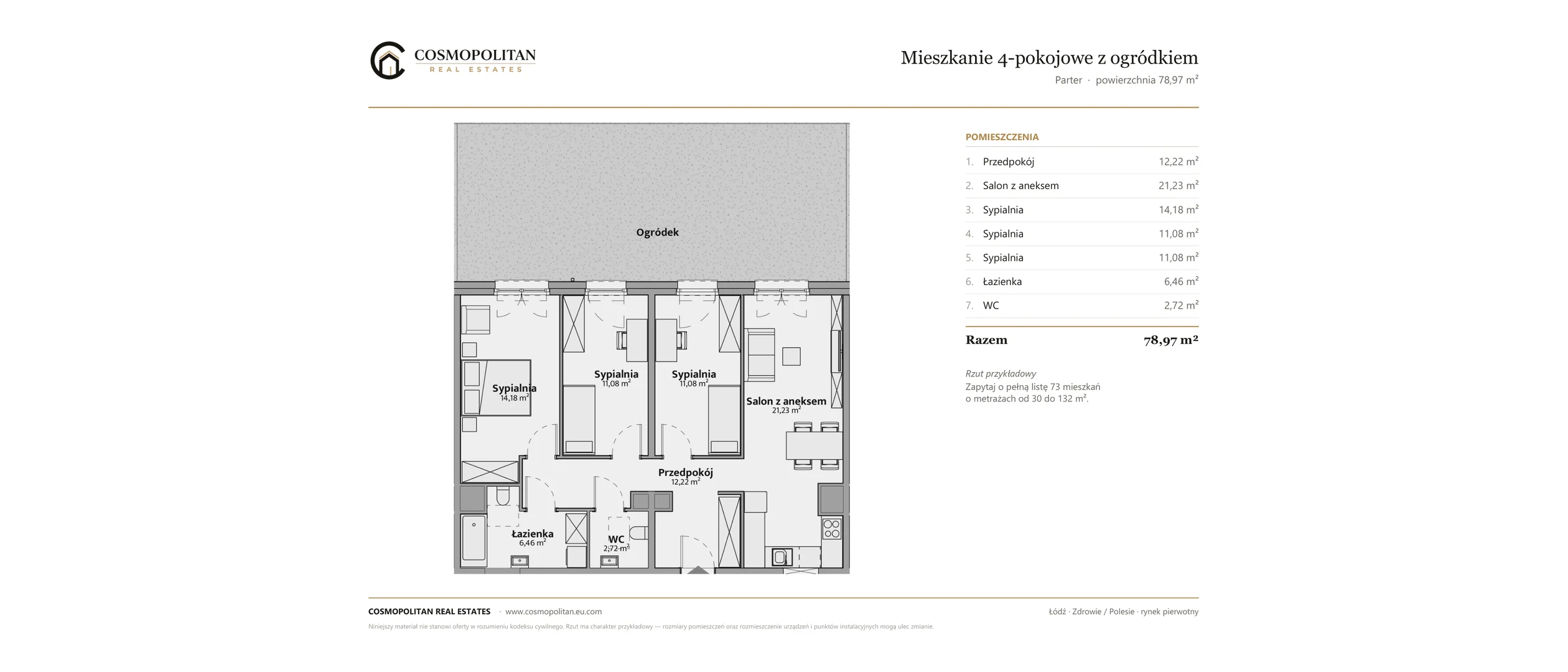 Przykładowy rzut mieszkania 4-pokojowego z ogródkiem, 78,97 m²