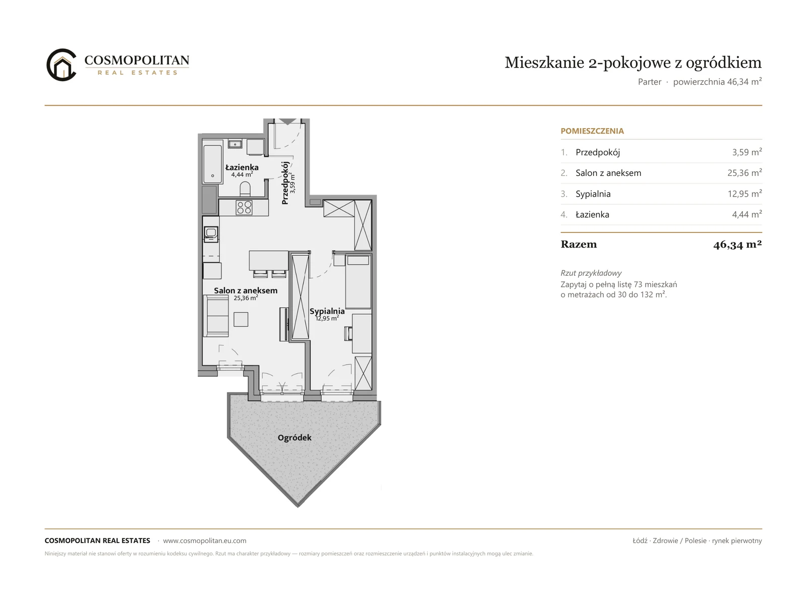 Przykładowy rzut mieszkania 2-pokojowego z ogródkiem, 46,34 m²