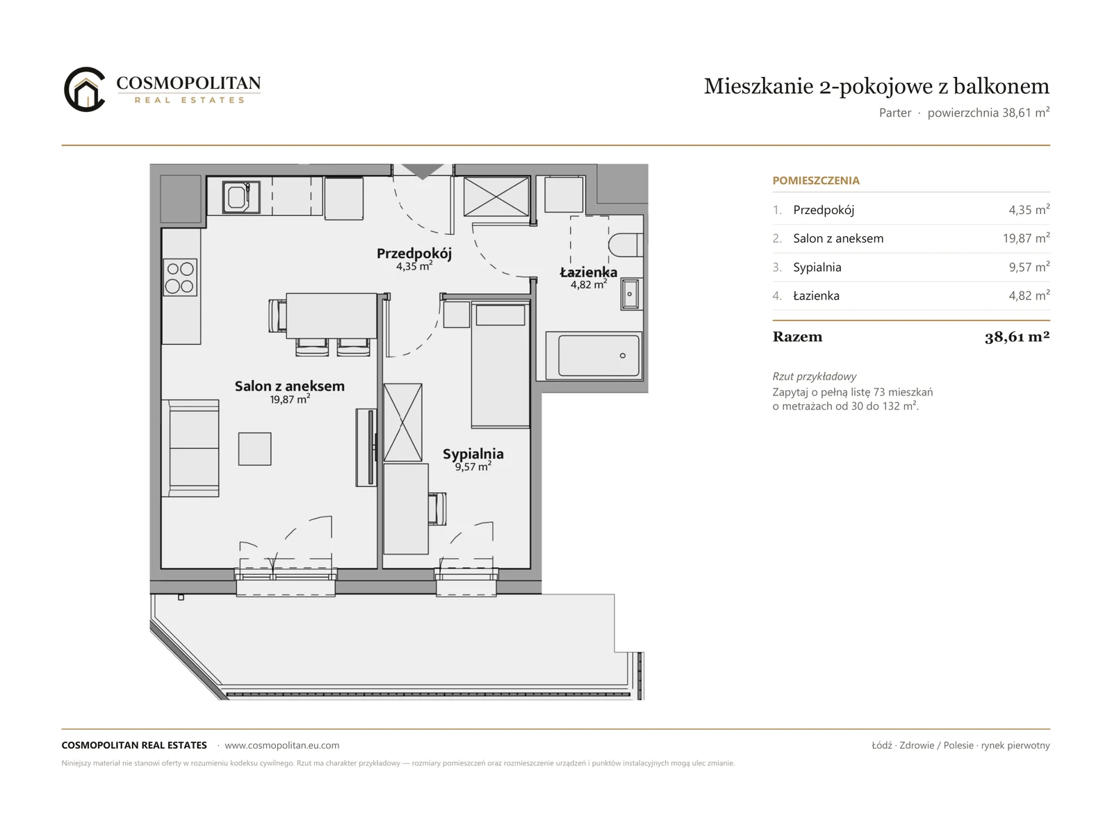 Przykładowy rzut mieszkania 2-pokojowego z balkonem, 38,61 m²