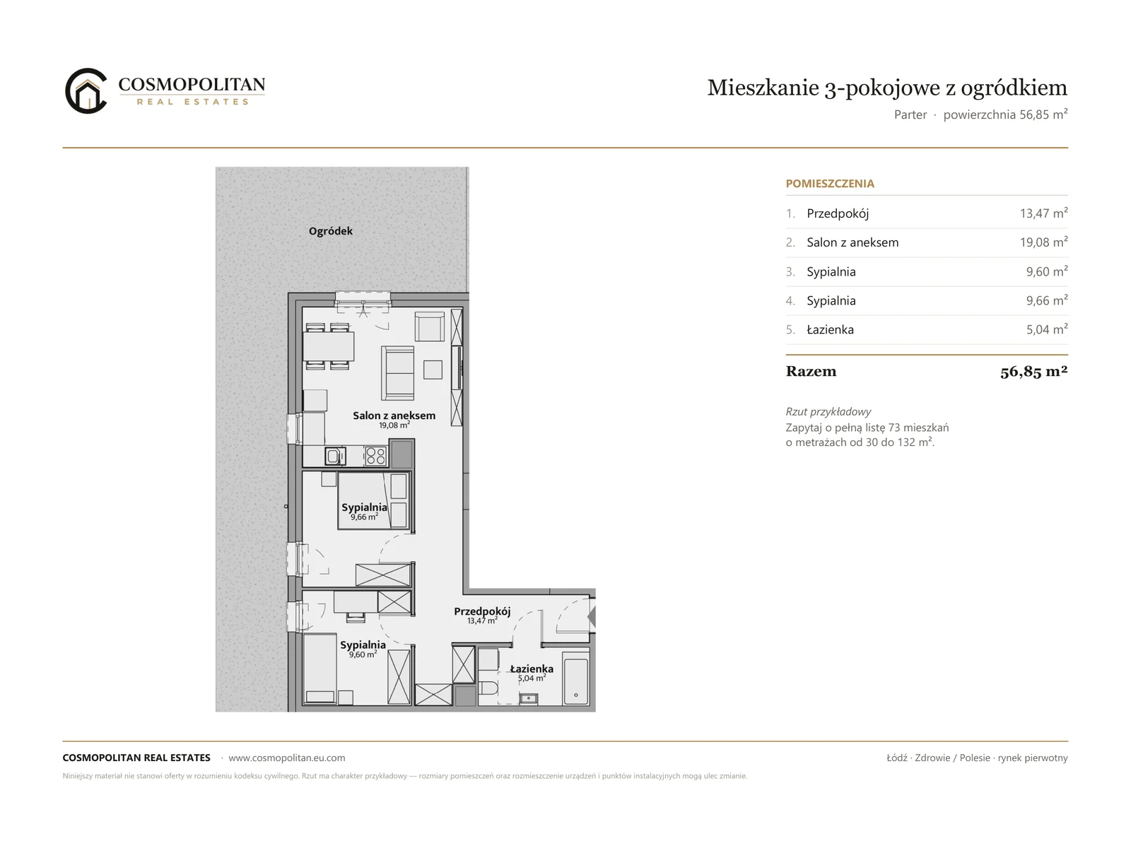 Przykładowy rzut mieszkania 3-pokojowego z ogródkiem, 56,85 m²
