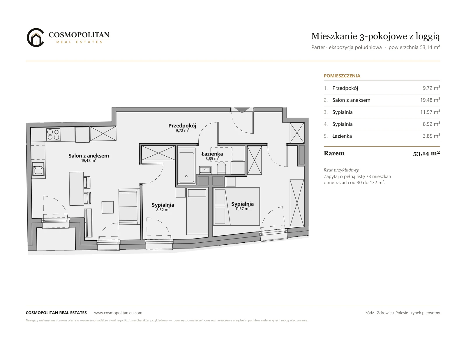 Przykładowy rzut mieszkania 3-pokojowego z loggią, 53,14 m²